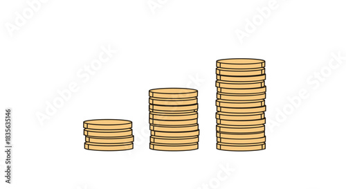 Three stacks of golden coins arranged in increasing height from left to right, symbolizing financial growth, savings, and investment success.