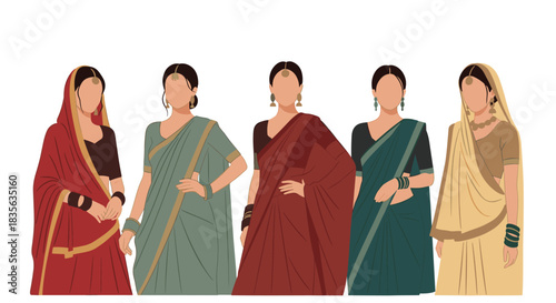 Group of five beautiful Indian women dressed in elegant and colorful traditional saris, showcasing diverse cultural fashion styles.