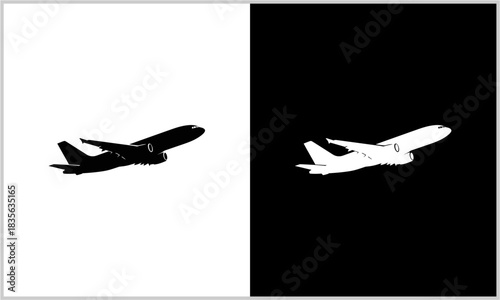 Contrasting black and white silhouettes of an airplane in flight against opposite backgrounds.