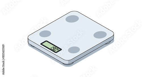 Modern digital bathroom scale shown from an isometric perspective, with a clear electronic display for measuring body weight.