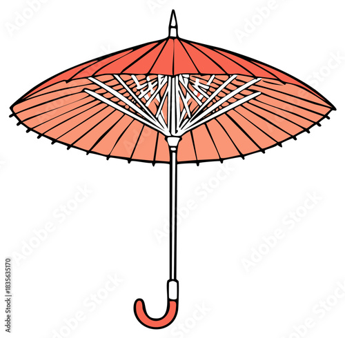 Coral Paper Parasol Umbrella with Intricate Ribbing and Hooked Handle