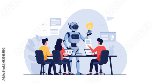 Futuristic robot presenting a bright idea with a lightbulb to a team of business people during a collaborative meeting in an office.