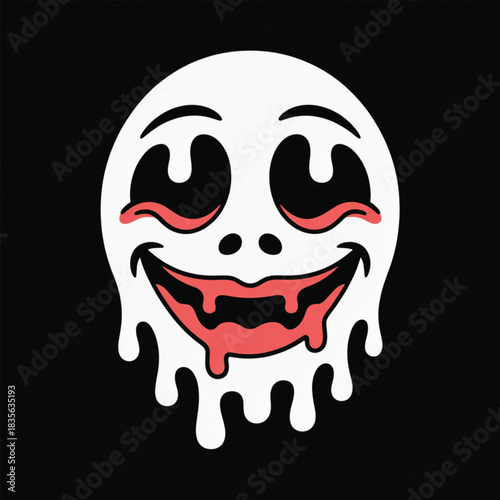 Ghost face with red mouth and eyes on black background Keywords: ghost, cartoon, face, dripping