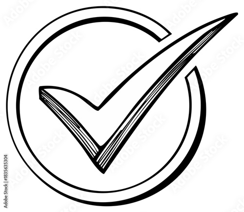 Black and white hand drawn check mark symbol inside a circle for approval and completion