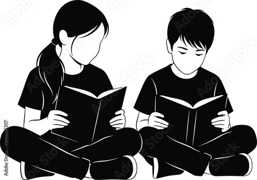 Silhouette-style illustration of boy and girl sitting cross-legged reading books, promoting education, learning, childhood literacy, study habits, focus and academic development