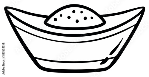 Stylized Chinese gold ingot line art, traditional sycee wealth symbol illustration