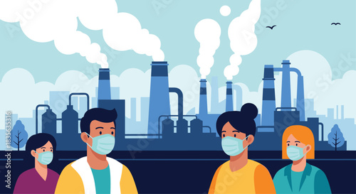 Group of concerned people wearing protective face masks against a backdrop of industrial factories emitting dense smoke and pollution.