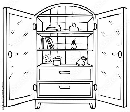 Hand drawn black and white illustration of an open vintage wardrobe with household items on shelves