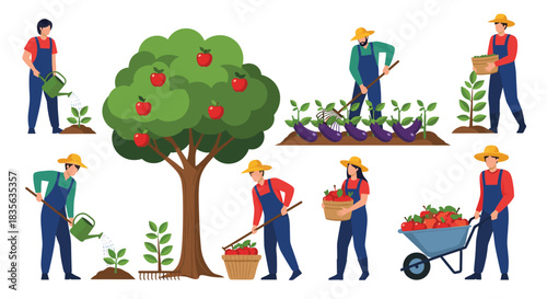 Collection of farmer characters engaged in various agricultural activities like planting, watering, tilling, and harvesting apples and vegetables.