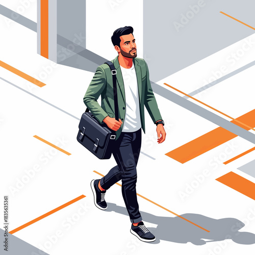 Stylish man walking with a messenger bag in an urban setting.
