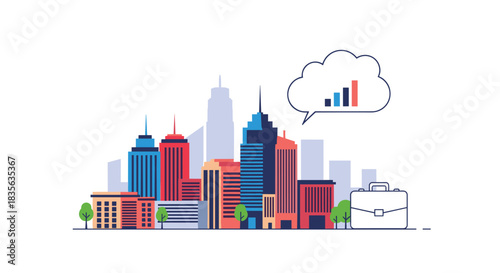 Modern city skyline illustration with a business briefcase and a cloud speech bubble showing a rising bar graph, symbolizing urban commerce.