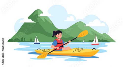 Happy young girl wearing a life vest enjoys kayaking on a serene lake, with green mountains and sailboats in the background.