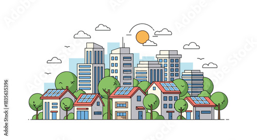 Eco-friendly city concept with houses and suburban homes equipped with solar panels, set against a modern city skyline with green trees.