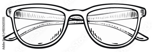 Hand drawn black and white illustration of classic framed eyeglasses with textured lenses and temples
