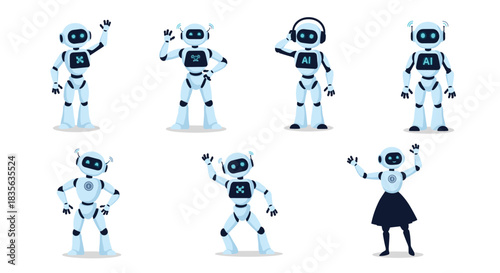 Set of friendly cartoon android robots in various poses and expressions, showcasing futuristic artificial intelligence characters for technology concepts.