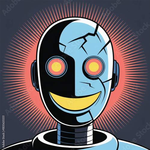 Retro Robot Head With Cracks And Radiant Glow android