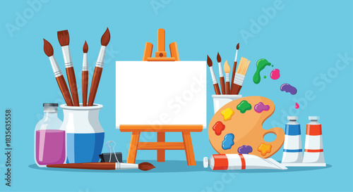 Complete art studio setup with a blank canvas on an easel, paint tubes, brushes, a palette, and jars, ready for a creative project.
