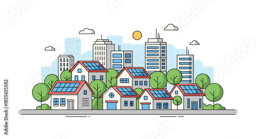 Modern sustainable community concept with suburban houses featuring rooftop solar panels, against a backdrop of city skyscrapers and green trees.