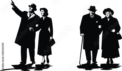 Vintage couple walking together, elegant man pointing ahead, classic clothing style, senior pair strolling arm in arm, timeless retro illustration design