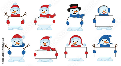 Cheerful collection of eight cartoon snowmen wearing hats and scarves, each holding a blank white sign for custom text or messages.