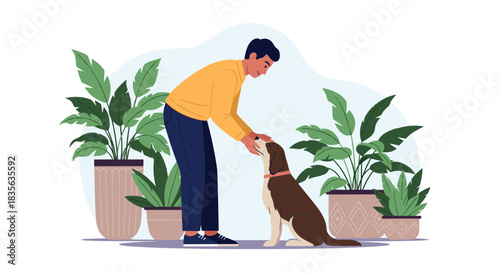 Young man affectionately petting his loyal beagle dog in a cozy room filled with beautiful green house plants, showing pet companionship.