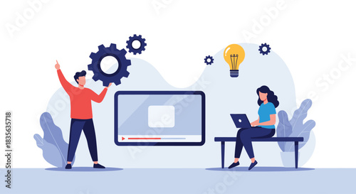 Team collaborating on creating a video tutorial or online course, with a man holding a gear and a woman working on a laptop.