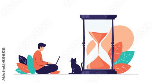 Man working on a laptop next to a large hourglass with running sand, a concept illustration of time management, deadlines, and productivity.