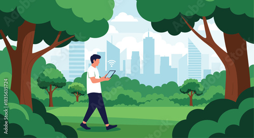 Young man walking through a lush green city park while using a tablet, with a modern city skyline visible in the background.