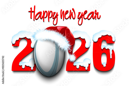 Happy new year. Snowy numbers 2026 with rugby ball in a Christmas hat. Original template design for greeting card, banner, poster. Vector illustration on isolated background