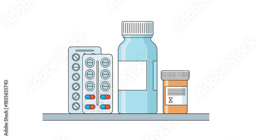 Collection of prescription and over-the-counter medications on a shelf, including pill blister packs and plastic medicine bottles.