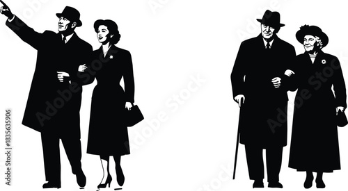 Vintage silhouettes of elegant couples walking arm in arm, classic retro fashion illustration portraying companionship, romance, aging, tradition and timeless style in black figures