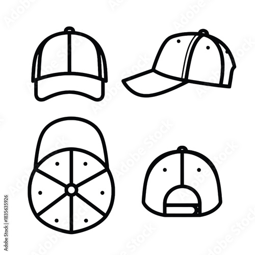 Simple black and white illustrations of various baseball cap styles