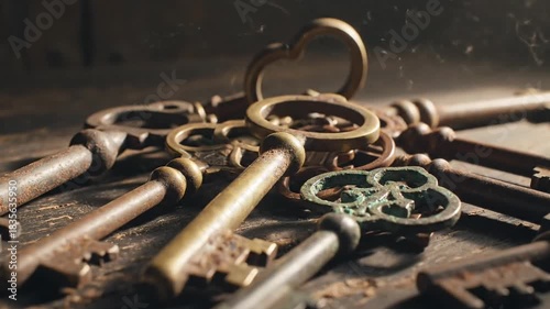 A close-up shot of a pile of old, rusty keys on a wooden surface, evoking a sense of history and mystery.