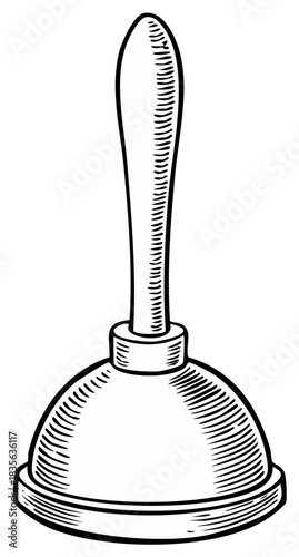 Line Art Plunger Illustration Drawing Black and White Graphic Style Isolated Plumbers Tools Kitchen Household Sink Clean.
