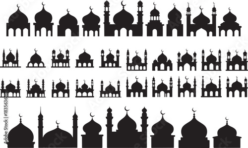 Collection of mosque silhouette illustrations in various styles and compositions on a white background