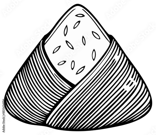 Illustration of a Triangle-Shaped Rice Ball with Textured Wrapping