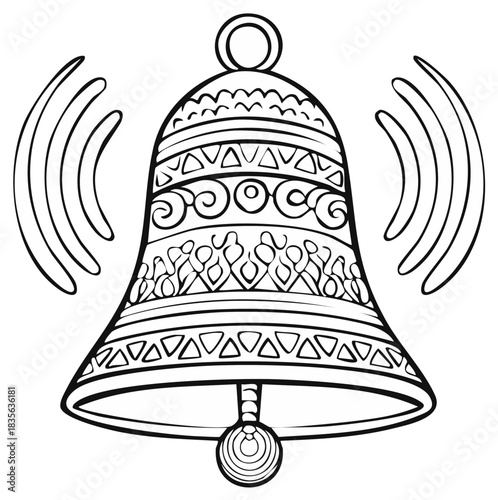 Ornate decorative bell with radiating sound waves, black and white line art