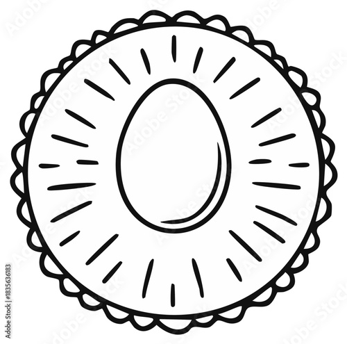 Hand drawn Easter egg with sun rays in a decorative nest simple line art illustration