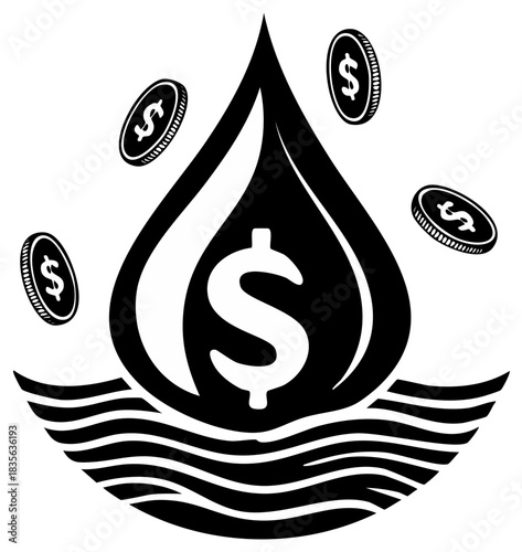 Valuable resource concept with a dollar sign in an oil drop and falling coins