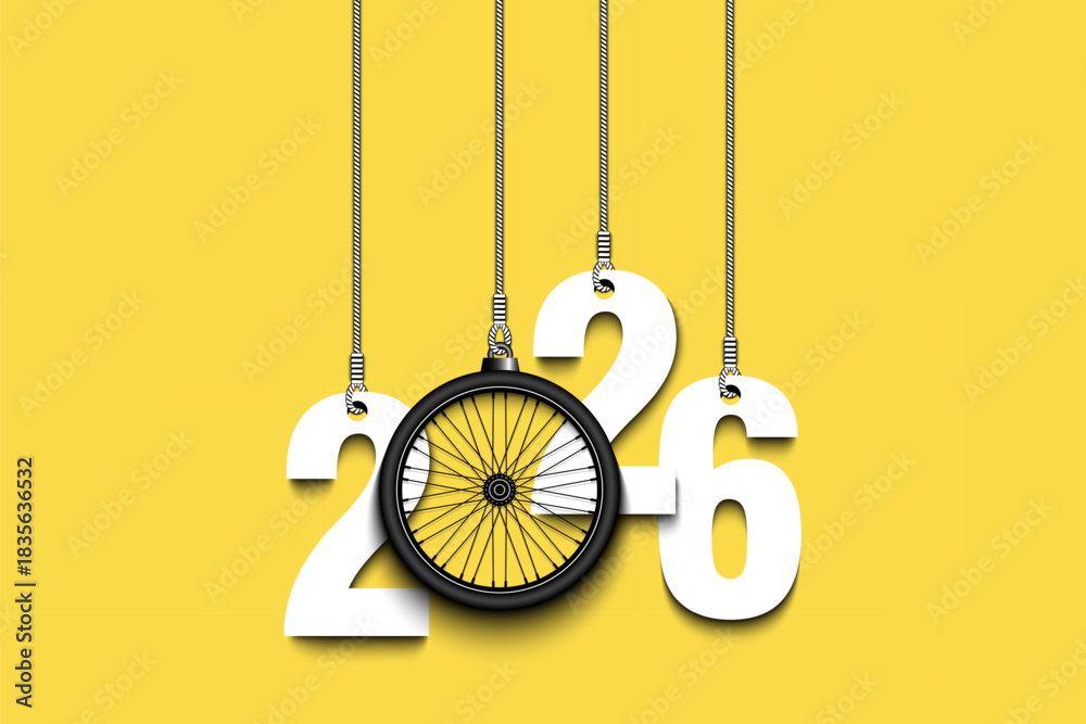 Naklejka premium Numbers 2026 and bike wheel as a Christmas decorations are hanging on strings. New Year 2026 are hang on cords. Template design for greeting card. Vector illustration on isolated background