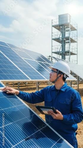 Worker inspects solar panels with tablet in hand. Location is a solar energy farm during daytime