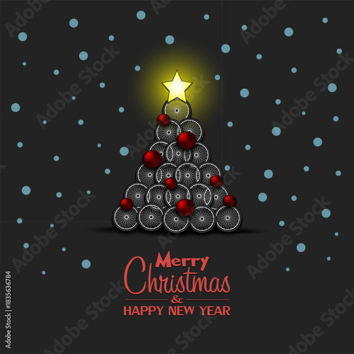 Merry Christmas and Happy New Year. Christmas tree made of bike wheels. Snowflakes on the background. Greeting card design template with for new year. Vector illustration