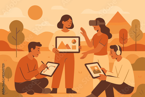 No outdoors landscape collaboration people icon labels colors tools vector digital cyrillic