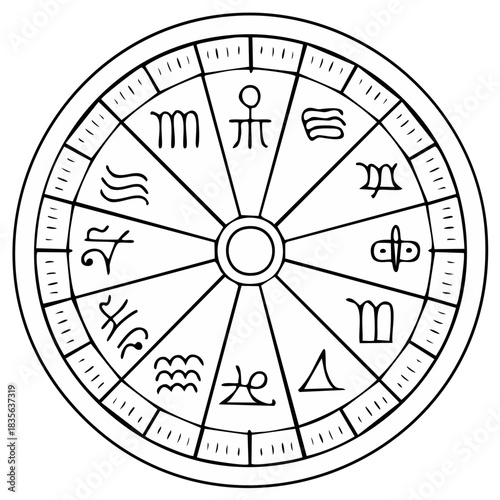 Hand-drawn astrology wheel chart with zodiac symbols in segments against a white background