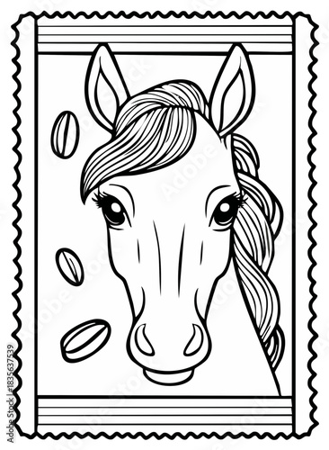 Horse face with mane and three beans inside of lined frame artwork