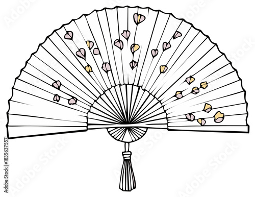 Delicate Line Art Hand Fan with Floral Accents in Decorative Style