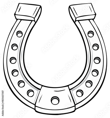 A classic horseshoe illustration in a bold black and white line art style a symbol of good luck