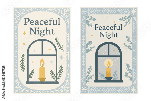 Peaceful Night - Candle in Window with Winter Foliage Christmas Card Design