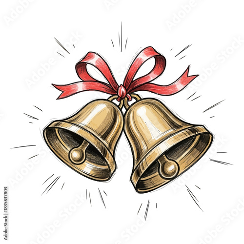 Golden christmas bells tied with a red ribbon ringing with joyful sound waves silhouette