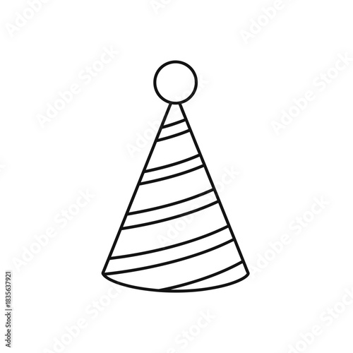 Simple outline drawing of a festive party hat with stripes and a pom pom silhouette
